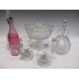 Items of glassware to include a Regency decanter, a large pedestal bowl, candlesticks, Venetian type