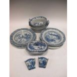 Three Chinese export blue and white chestnut baskets and a small boars head tureen and cover,