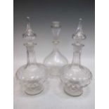 A Venetian style decanter and stopper and a pair of Victorian decanters and stoppers (3)