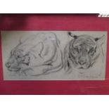 Cecil Stuart Tresilian (1891-1971) sketch of two tigers signed pencil 11.5 x 24cm