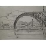 Joseph Hecht, Eiffel Tower and elephant 31 x 40cm; River Bridge 23 x 32cm, drypoint etchings, (2)