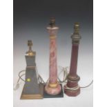 A faux rouge griotte column table lamp, 52cm high; a faux marble column table lamp, 56cm high and