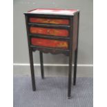 A 19th century chinoiserie decorated three drawer work table 76 x 39 x 24cm