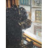 E Grouard (French): Black shaggy dog peering out of a window 23cm x 18cm oil on canvas