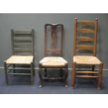 A pair of 20th century green painted ladder back chairs with caned seats together with a pair of