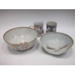 Two 18th century Chinese polychrome mugs and two large bowls
