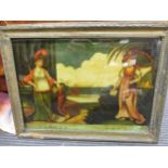 Two 19th century reverse paintings on glass, Europe and Asia, 25 x 35cm; another, Ruins of Balbec,