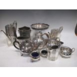 A late Victorian silver plated three piece coffee set, a three pieces tea-set, various cased