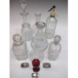 A collection of glassware together with three silver decanter labels, to include various