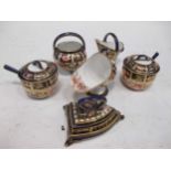 A group of Royal Crown Derby miniature porcelain, to include a pair of saucepans and covers, two