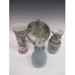 A Chinese waisted cylindrical vase, decorated in Kangxi style, 26cm high; a Cantonese style vase,