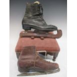 A quantity of Victorian and later ice skates and ice skating boots together with a mahogany foot