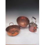 Copper kettle, 2 basins, silvered chandelier, and a table lamp