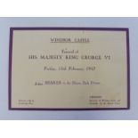 An invitation card to the funeral of His Majesty King George VI from Windsor Castle, February 15th