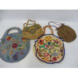 A circular felt bag embroidered to both sides, two further bags with embroidery decoration, one with