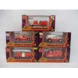 Five boxed Road Champs 1/64th scale die-cast emergency vehicles, four from the Fire Rescue Series.