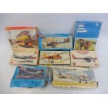 A crate of mostly 1:72 scale model kits including Novo, Airfix etc, mostly aircraft.