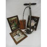 A stirrup pump, three reproduction advertising mirrors, a war time leather binnocular case and a