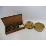 A Naval circular brass sextant by Stanley of London, plus a set of oak cased scales.