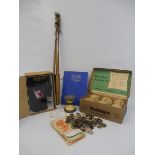 An old Diablo, a boxed Merrythought teddy, an old tin of coins, a cased Slazenger set of 1952 tennis