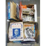 Two boxes of assorted ephemera including postcards, comics, stamps etc.