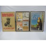 A collection of six framed and glazed reproduction advertisements relating to the WWII period.