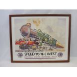 A National Railway Museum print of a GWR poster 'Speed to the West'.