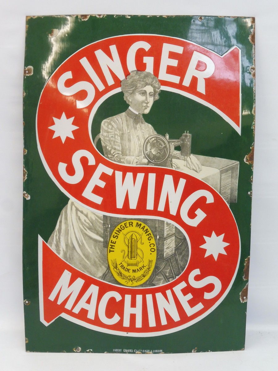 A Singer Sewing Machines pictorial enamel sign by Patent Enamel, in excellent condition, 24 x 36".