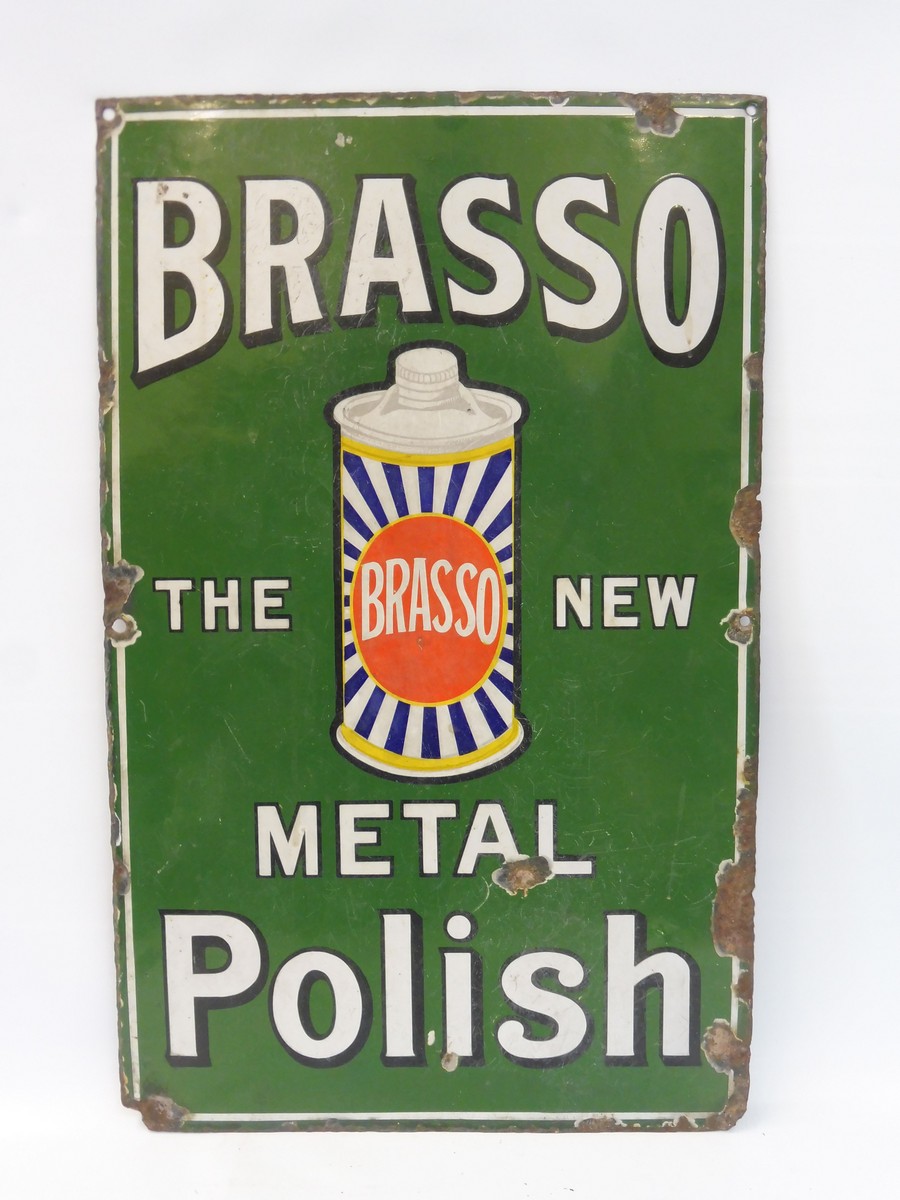 A Brasso Metal Polish part pictorial enamel sign of smaller size and good colour, 15 x 24".
