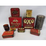 A selection of kitchenalia tins including Oxo, Birds and Colmans.