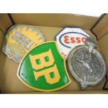 Four reproduction petrol pump brand tags including Shell and Esso.