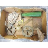 A box of mixed collectables including two circular air vents probably from railway carriages, each