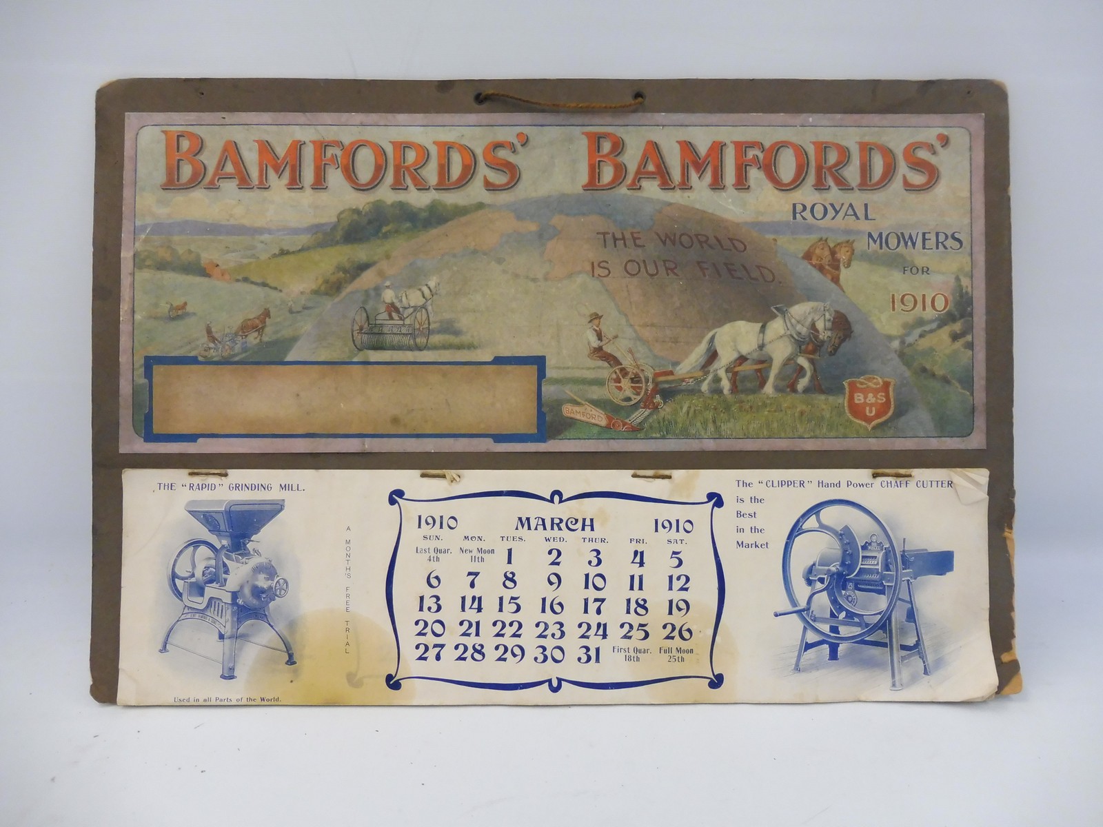 A rare Bamfords' Royal Mowers showcard calendar for 1910, January and February missing, 15 1/2 x