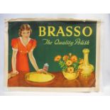 A large 1930s Brasso pictorial poster titled 'The Quality Polish' depicting a lady with gleaming