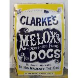 A Clarke's Melox Perfected Food for Dogs enamel sign by Patent Enamel with good gloss, 40 x 60".