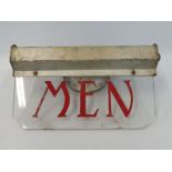 A men's room glass illuminated sign, still retaining original bulb, 11 x 6 1/4".