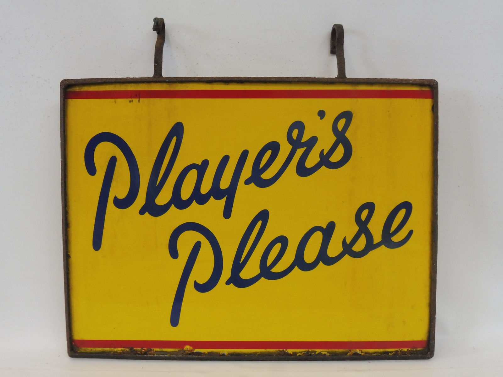 A Players Please double sided enamel sign within metal hanging frame, good gloss, 24 1/4 x 18 1/4".