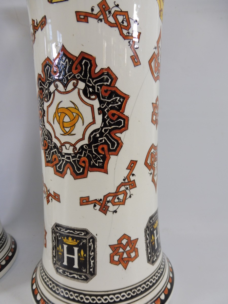 A pair of tall late 19th Century vases, marked 'GIEN', of unusual colourway, 11 1/2" h. - Image 2 of 7