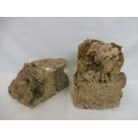 Two medieval stone corbels depicting mythical beasts, each about 16" h.