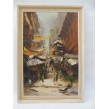 20TH CENTURY Oriental School, oil on canvas of a street scene, Hong Kong gallery stamp to back of