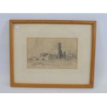 Chris Holmes - pencil sketch of buildings in a landscape, unusually the paper is embossed with a