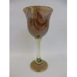 An art glass goblet with etched signature, 8" h.
