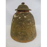 A 19th Century weathered terracotta kale forcer and cover with stamped maker's marks, Aller Pottery,