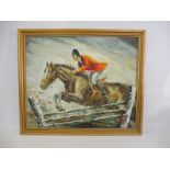 English School - a framed study of a horse and jockey jumping a gate, signed lower right, oil on