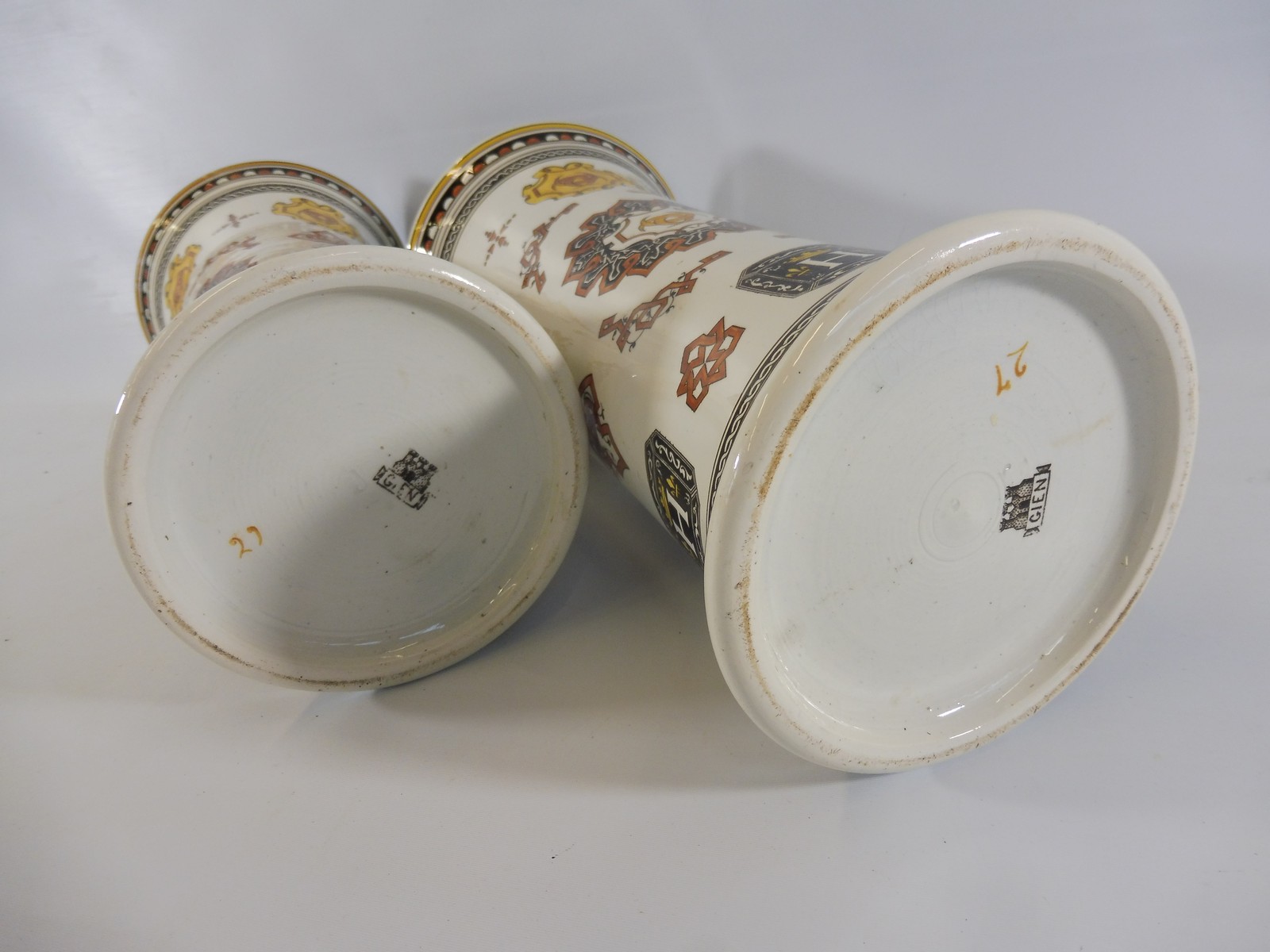 A pair of tall late 19th Century vases, marked 'GIEN', of unusual colourway, 11 1/2" h. - Image 7 of 7