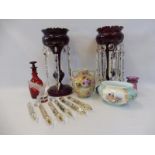 A selection of 19th Century and later glassware including a pair of ruby lustres, a Goebel frosted
