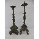 Two large 19th Century pewter altar pricket candlesticks, tallest 24 1/2" high.