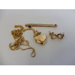 A 9ct gold bar brooch, a 9ct gold slender necklace, a pair of 9ct gold and pearl earrings plus a 9ct