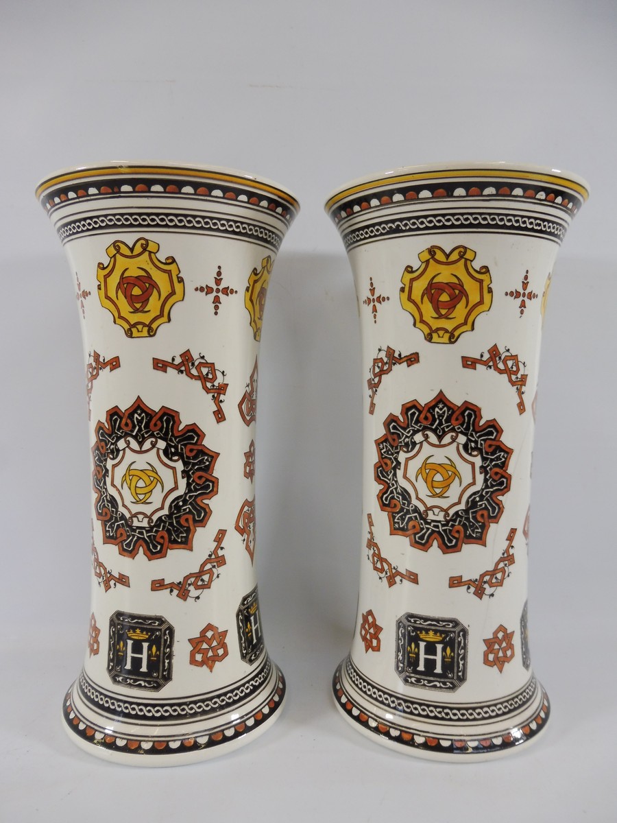 A pair of tall late 19th Century vases, marked 'GIEN', of unusual colourway, 11 1/2" h.