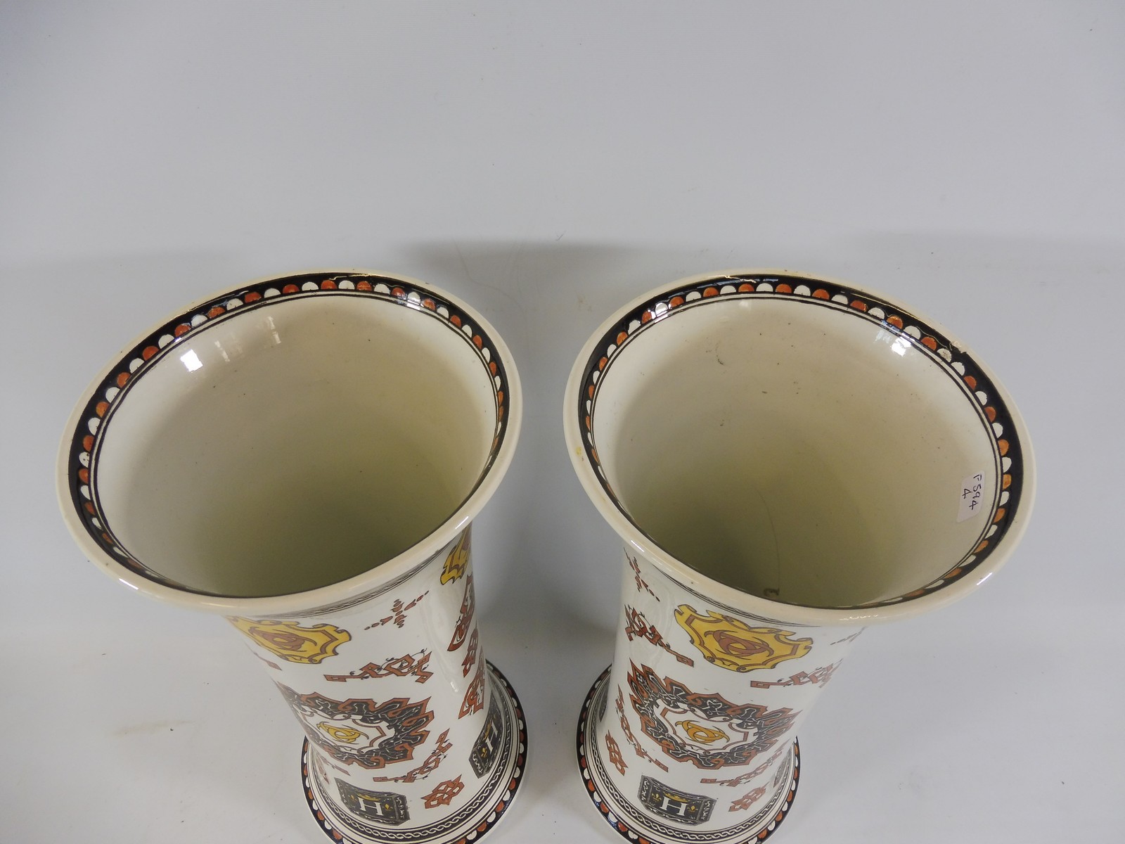 A pair of tall late 19th Century vases, marked 'GIEN', of unusual colourway, 11 1/2" h. - Image 3 of 7